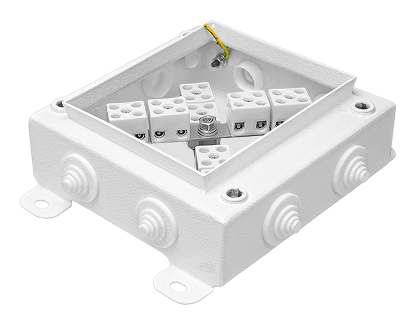Коробка монтажная огнестойкая IP55, 8 вводов,&nbsp;&nbsp;фарфоровый клеммник 16 контактов до - 3 мм кв., 150х150х60 мм, Сталь оцинкованная 1,2 мм с полимерным покрытием (белый)