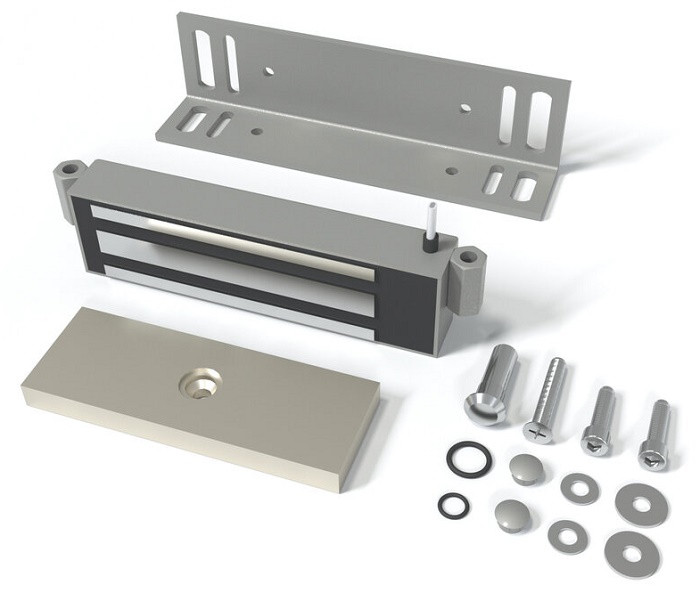 Замок электромагнитный для стальных дверей со стальной рамой, 9-15VDC, 7,2 Вт, усилие удержания 250кг, встроенный модуль перемагничивания, монтажный комплект, угольник 40х50х4мм. Корпус из стали. Цвета: светло-серый