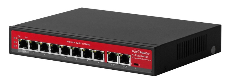 10-портовый AI коммутатор с функцией PoE; 8*10/100Base-TX PoE port(Data/Power); 2*10/100Base-TX uplink RJ45 port (Data); 1-8 порты с поддержкой PoE (первый порт с поддержкой HiPoE_60W); Полоса пропускания 2Гбит/с; MAX 120Вт (AC100-240В 50/60Гц); Встроенный БП AC100~240В 50-60Гц 1A;  -10~+55°C; 5%~90% RH; IP30