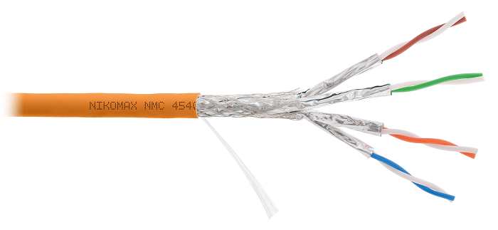 Кабель S/FTP 4 пары, Кат.6 (Класс E), тест по ISO/IEC, 250МГц, одножильный, BC (чистая медь), 23AWG (0,55мм), полимерный материал нг(А)-HF, внутренний, оранжевый, 305м