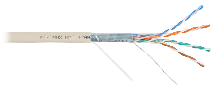 Кабель F/UTP 4 пары, Кат.5e (Класс D), тест по ISO/IEC, 100МГц, одножильный, BC (чистая медь), 24AWG (0,51мм), полимерный материал нг(А)-LSLTx, внутренний, светло-серый, 305м