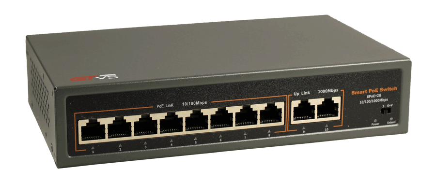 Коммутатор 8xPoE (802.3at/af) 10/100Мб + 2хUplink 10/100/1000Мб, бюджет до 120Вт (PoE до 30Вт, 200м, End-Span 1(2)+/ 3(6)-), грозозащита 4кВ