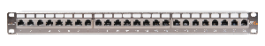 Коммутационная панель 19", 1U, 24 порта, Кат.6a (Класс Ea), 500МГц, RJ45/8P8C, 110/KRONE, T568B, полный экран, с органайзером, металлик