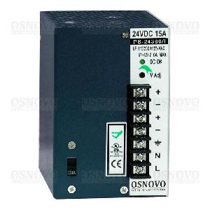 Промышленный блок питания. DC24V, 15A (360W). Регулировка выходного напряжения в диапазоне 22-26V. Защита от короткого замыкания, перенапряжения и перегрузки. Принудительная система охлаждения (вентилятор). Монтаж на DIN-рейку или стену. 75x110x121мм. -40...+50°C.
