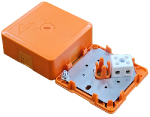 Коробка монтажная огнестойкая IP41, фарфоровый клеммник 2 контакта, до 6 мм. кв., 75х75х30 мм, вводы вставки из эластичного материала, Оранжевая