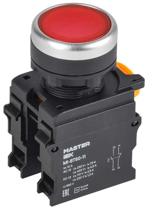 Кнопка d=22мм 1NO+1NC красная MASTER IEK