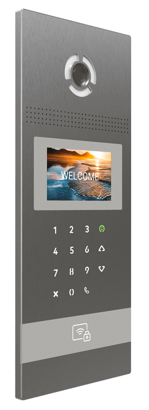 Вызывная IP видеопанель многоабонентская, камера: 2.0 Мп (110°), 4" TFT экран, считывание: EM-Marin, Mifare, Bluetooth (UKEY), NFC, распознаванию лиц - 10000, сенсорные кнопки, алюминий, IP 65, -40 до +65 °C, врезная, SIP протокол, питание 12В, PoE+, Серебро. 