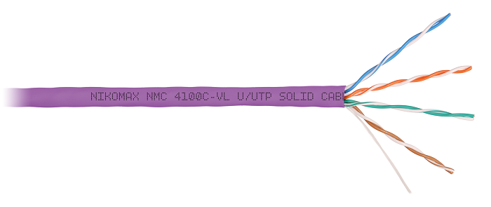 Кабель U/UTP 4 пары, Кат.5e (Класс D), тест по ISO/IEC, 100МГц, одножильный, BC (чистая медь), 24AWG (0,51мм), полимерный материал нг(А)-HF, внутренний, фиолетовый, 305м