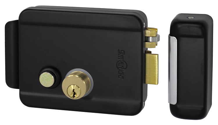 Эл-мех. накладной замок, черный, НЗ, универсальный DIN, цилинр снаружи и изнутри, кнопка изнутри (блокировка кнопки), питание 12VDC/1А, -40°+50°С, окрашенная сталь.