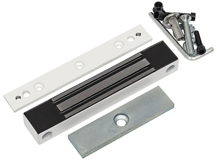 Замок электромагнитный 12V DC, не более 0,4 A, усилие 100 кг,  180x33x23. Вес 0.6 кг. (в комплекте планка), Влагозащита IP67. Цвет белый