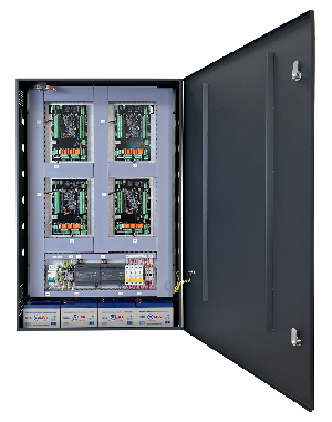 Специализированный шкаф для четырёх контроллеров серии AAM-LAN, с установленными внутри двумя источниками питания, с замком и датчиком вскрытия корпуса.