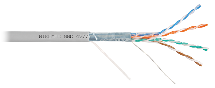 Кабель F/UTP 4 пары, Кат.5e (Класс D), тест по ISO/IEC, 100МГц, одножильный, BC (чистая медь), 24AWG (0,51мм), поливинилхлорид, внутренний, серый, 305м