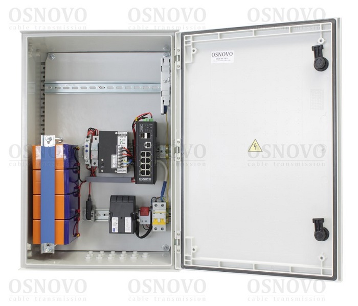 Уличный управляемый (L2+) коммутатор на 10 портов с термостабилизацией, резервным питанием и функцией мониторинга температуры/влажности/напряжения на базе уличной станции OSP-46TB1. Порты: 1 x GE (10/100/1000Base-T) с PoE (до 90W, IEEE 802.3bt) + 7 x GE (10/100/1000Base-T) с PoE (до 30W) + 2 x GE SFP (1000Base-X). Суммарный бюджет PoE до 240W. 