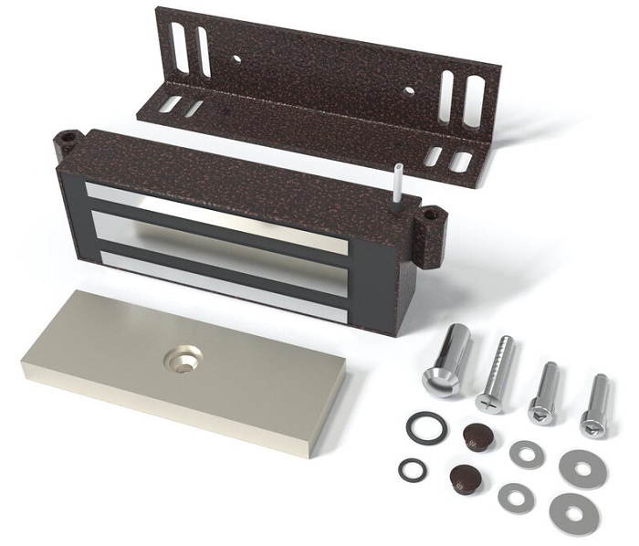 Замок электромагнитный для стальных дверей со стальной рамой, 9-15VDC, 7,2 Вт, усилие удержания 300кг, встроенный модуль перемагничивания, монтажный комплект, угольник 40х50х4мм. Корпус из стали. Цвета: медный антик