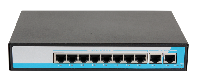 Коммутатор, неуправляемый, 8 PoE (802.3af) порта 10/100Мбит/с до 250 метров cat.6, 2 Uplink порт 100Мбит/с, 120Вт