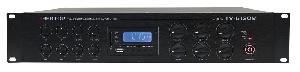 Комбинированный микшер-усилитель, 6 зон c регулировкой&nbsp;&nbsp;уровня выходного сигнала. Мощность 120 Вт /100В.&nbsp;&nbsp;2 микр, с фантомным питанием и выбором приоритета 2 лин входа, 1&nbsp;&nbsp;Aux вых. Цифровой AM\FM тюнер, MP3 плеер,ИК-пульт в комплекте. Функция аварийного отключения. Питание 220В. Рэковое крепление в комплекте. 482х88х400 мм. Вес 12 кг.
