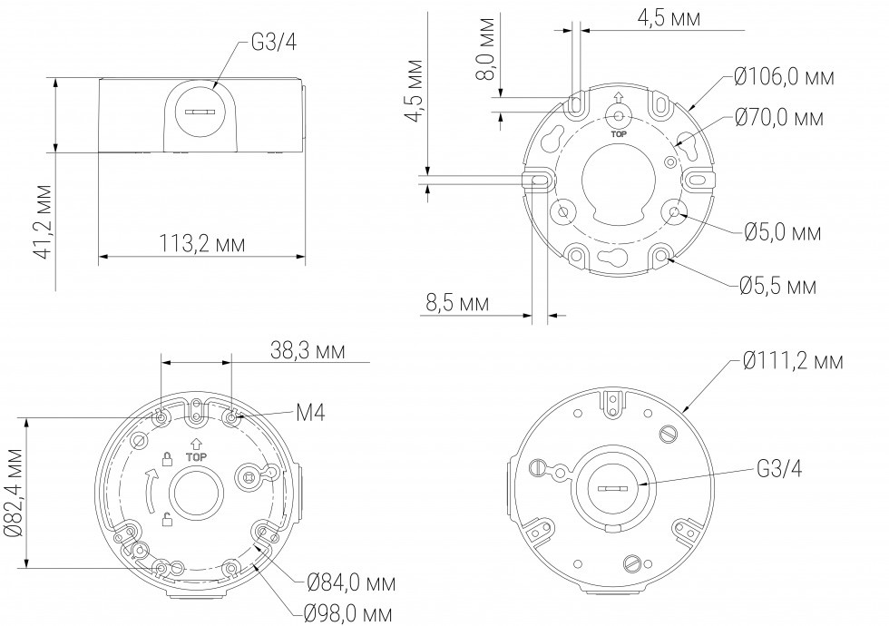 Монтажная коробка для видеокамер; 111,2x111,2x41,2 мм; IP66; до 3 кг.