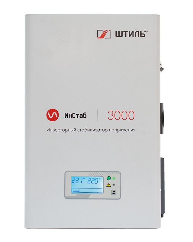 Стабилизатор переменного напряжения инверторный (с двойным преобразованием) однофазный, чистая синусоида; P-нагр.3 кВА/2,5 кВт, U-вх.165…310 В, U-вых.220…230 В (с шагом 1 В), I-вых.14 A; IP20, t-раб. +5…+40°C, 205х370х103 мм
