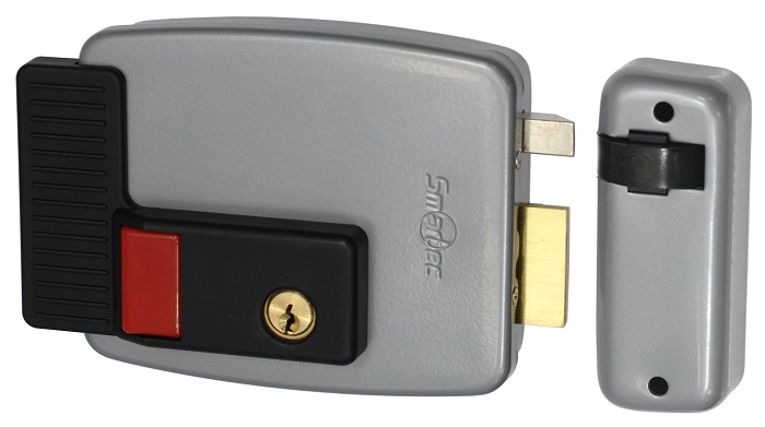 Эл-мех. накладной замок, НЗ, левая дверь, цилинр снаружи и изнутри, кнопка изнутри (блокировка кнопки), питание 12VDC/3.3А, -45°+50°С, окрашенная сталь.