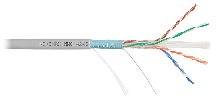 Кабель F/UTP 4 пары, Кат.6 (Класс E), тест по ISO/IEC, 250МГц, одножильный, BC (чистая медь), 23AWG (0,55мм), полимерный материал нг(А)-HF, внутренний, серый, 305м