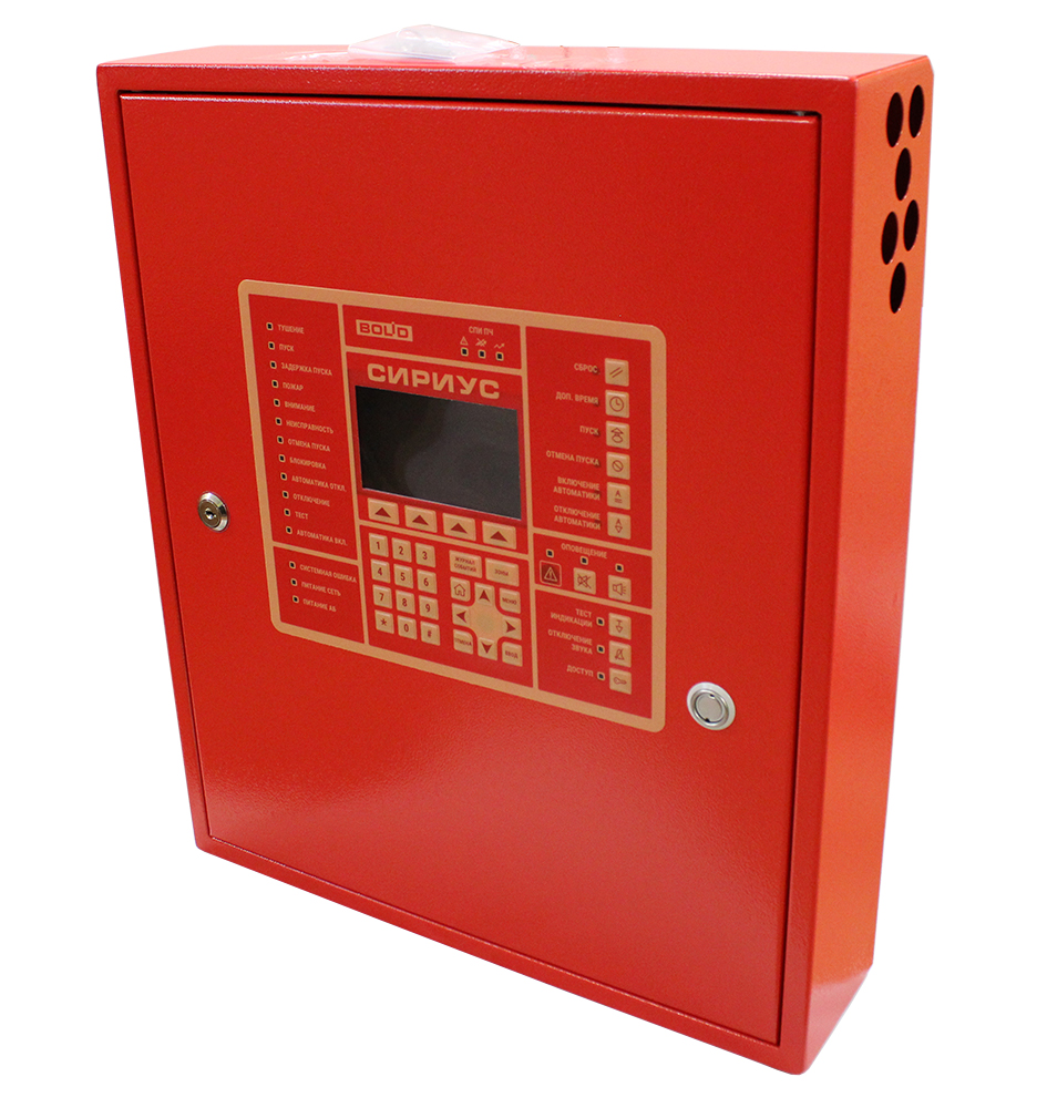 Прибор приемно-контрольный и управления пожарный, одна кольцевая линия для подключения до 127 адресных устройств (с возможностью подключения двух кольцевых линий) в корпусе с дверью красного цвета