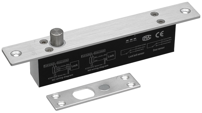 Электромеханический соленоидный замок, НЗ, мониторинг ригеля, мониторинг двери, питание 12VDC / 250мА (пик 1,3А), цельнометаллический ригель, сила удержания 1000кг