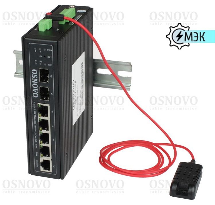 Промышленный управляемый (L2+) коммутатор Gigabit Ethernet на 4GE RJ45 + 2 GE SFP порта с функцией мониторинга температуры/ влажности/ напряжения. Порты: 4 x GE (10/100/1000Base-T) + 2 x GE SFP (1000Base-X). Уровень управления L2+. Встроенная система мониторинга температуры/ напряжения + внешний датчик температуры/ влажности. Поддержка ПО OSNOVO Monitoring System. Выходы типа "Сухой контакт", Цифровой вход. Поддержка режима увеличения расстояния передачи данных до 250м.