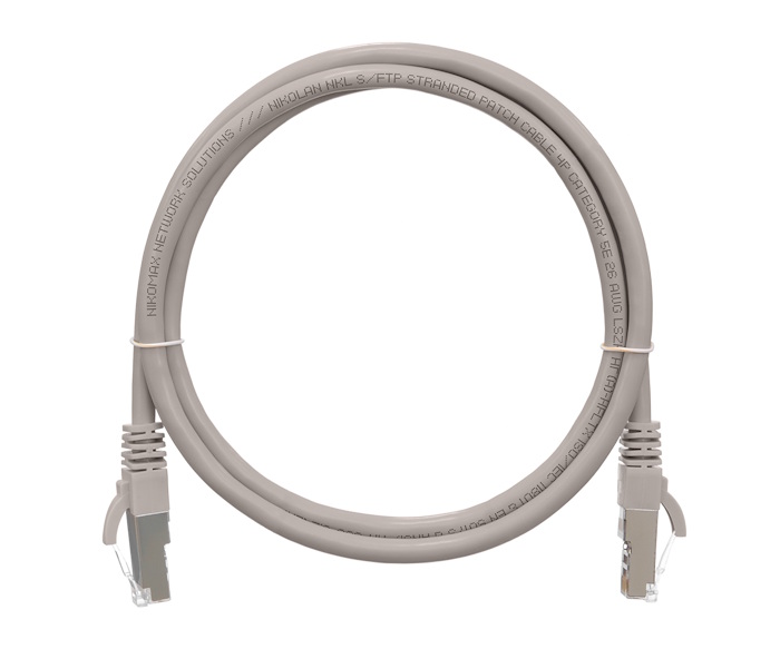 Коммутационный шнур F/UTP 4 пары, Кат.5е (Класс D), 100МГц, 2хRJ45/8P8C, T568B, заливной, с защитой защелки, многожильный, BC (чистая медь), 26AWG (7х0,165мм), PVC нг(А), серый, 7,5м
