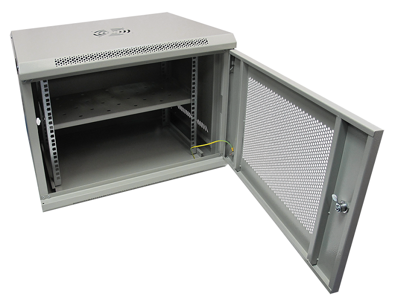 Настенный шкаф 19, 9U, Тип двери: Металлическая перфорированная, Высота: 450 мм, Глубина: 530 мм, Ширина: 600 мм, Статическая нагрузка: 90 (стена), 300 (опоры) кг, Цвет: Серый, IP20, Климатическое исполнение: УЗ, 1 полка в комплекте