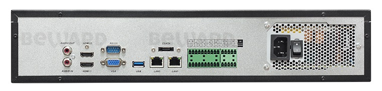 IP-видеорегистратор: До 32 IP-каналов со звуком, до 200 Мбит/с, 4000х3000 (12 Мп), до 960 к/с, H.265 / Н.264, подключение камер по ONVIF, до 8хSATA HDD 3.5''