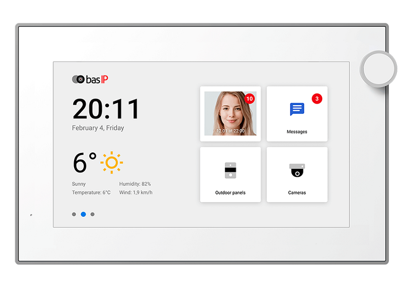 7-дюймовый IP-видеомонитор для помещений с возможностью горизонтального и вертикального монтажа, возможностью управления лифтом, отображением сообщений от управляющей компании, PoE, подключением 32 камер, памятью для фотографий/видео и голосовой почтой. Android. 195x127x27 мм. Корпус: пластик, стекло.