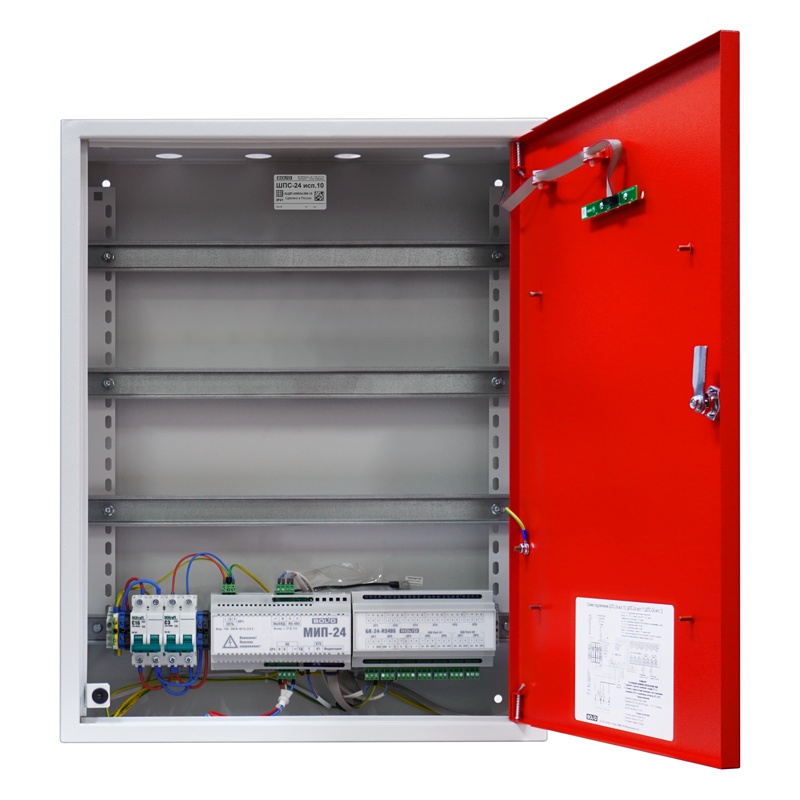Шкаф для установки приборов системы "Орион" на DIN рейки, две изолированные линии интерфейса RS-485 для подключения внешних устройств, Содержит источник питания 24В - 2 А. до двух АКБ 12В-17АЧ. Прозрачное окно на двери. Защита оболочки IP41, с красным цветом двери