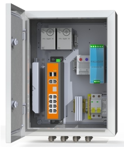 Коммутационный термошкаф: промышленный неуправляемый коммутатор 8хRJ45 10/100/1000 Мб/с PoE 802.3 af/at watchdog, 2 порта IEEE 802.3af/at/bt, 2 порта IEEE 802.3af/at+Passive PoE 24В, 2хSFP комбо порта 1000 Мб/с, бюджет PoE 230 Вт, поддержка передачи PoE до 250м,блок питания 240Вт/48-58 В, обогреватель 50Вт, сдвоенный термостат, оптический кросс 4 порта SC, гермовводы 4хPG9, 4хPG13.5, автомат 6А, цвет серый, 230 В AC, 300Вт, устройство грозозащиты линии 220В и линий PoE, IP66, -60°С... +50°С, 300х400х210 мм.