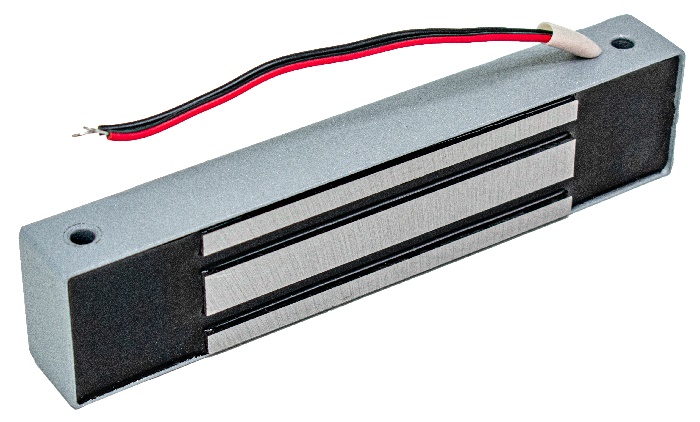 Электромагнитный влагозащищенный замок IP67, 12V DC, не более 0,4 A, усилие 200 кг, 180x40x25 мм.  800 г., уголок в комплекте. Темп.диапазон -40°С…+40°С,. Цвет серебряный металлик.