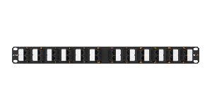 Коммутационная панель 19", 1U, 24 угловых порта, Кат.5e (Класс D), 100МГц, RJ45/8P8C, 110/KRONE, T568A/B, неэкранированная, с органайзером, черная