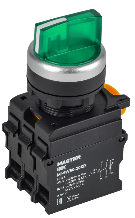 Переключатель с подсветкой 3 полож. 2NO зеленый MASTER IEK