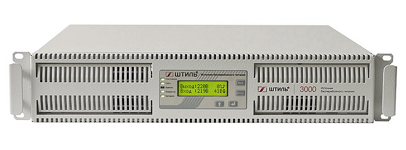 Источник бесперебойного питания в стойку, on-line (с двойным преобразованием), чистая синусоида, 3000 ВA (2700 Вт); U-вх.220 В; под внешние аккумуляторы, U-акб.96 В, I-заряд.2 А; ЖК-дисплей; выходные разъёмы - IEC-320-C13 (3 шт.), IEC-320-C19 (1 шт.); холодный старт, совместим с генератором; высота 2U; IP20, t-раб.+5...+40°C, 88х466х440 мм