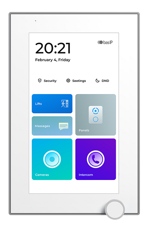 7-дюймовый IP-видеомонитор для помещений с возможностью горизонтального и вертикального монтажа, возможностью управления лифтом, отображением сообщений от управляющей компании, PoE, подключением 8 камер, памятью для фотографий/видео и автоответчиком. Linux. 95x127x27 мм