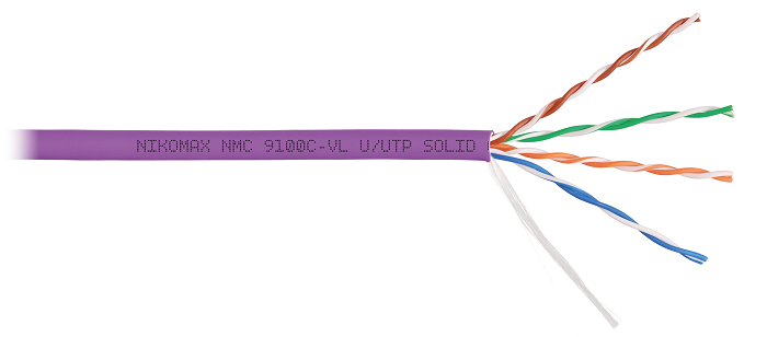 Кабель U/UTP 4 пары, Кат.5e (Класс D), тест по ISO/IEC, 100МГц, одножильный, BC (чистая медь), 24AWG (0,52мм), полимерный материал нг(А)-HF, внутренний, фиолетовый, 305м