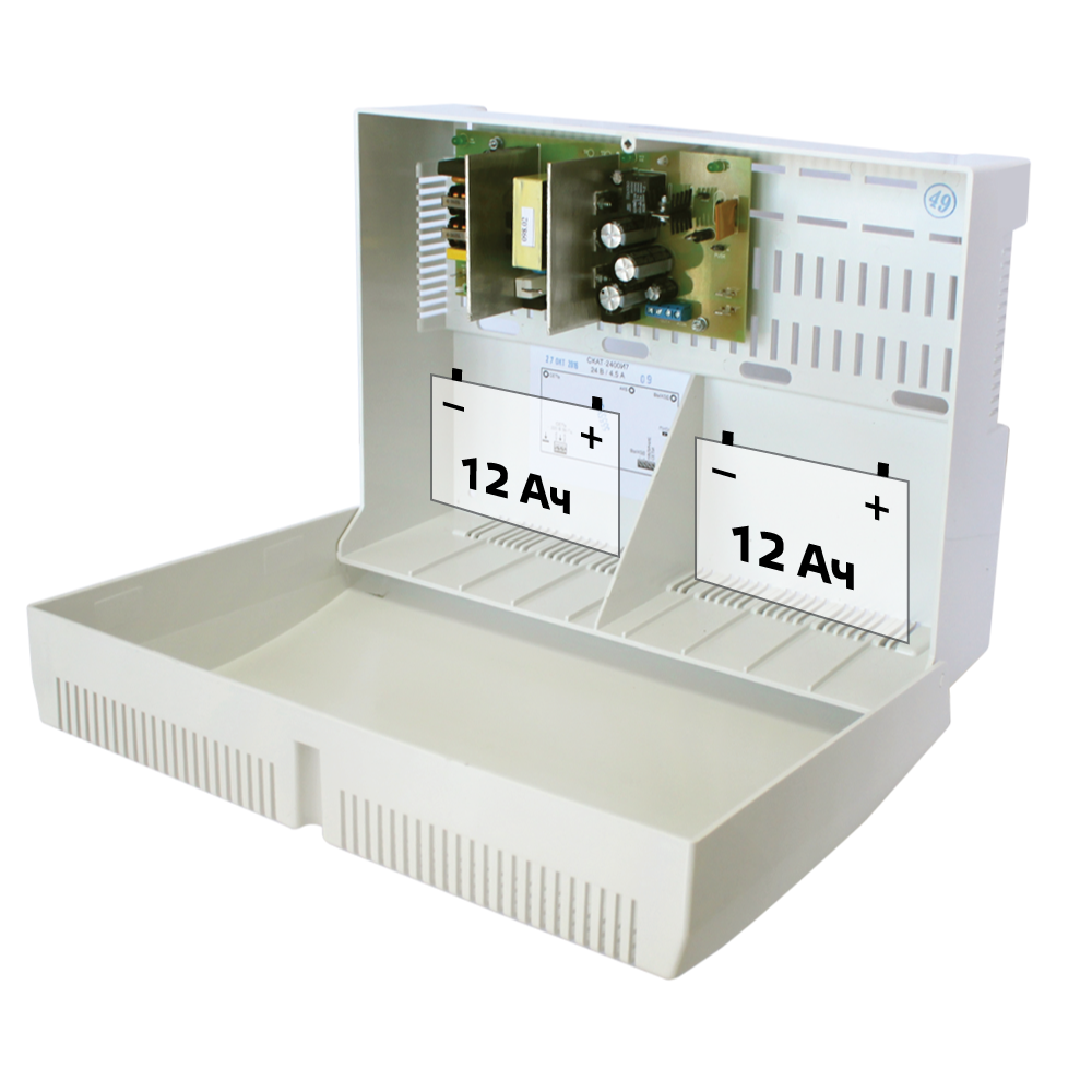Источник бесперебойного питания 24В, 5А,  пластиковый  корпус под 2 АКБ 12Ач, защита АКБ, защита выхода от КЗ и перегрузки