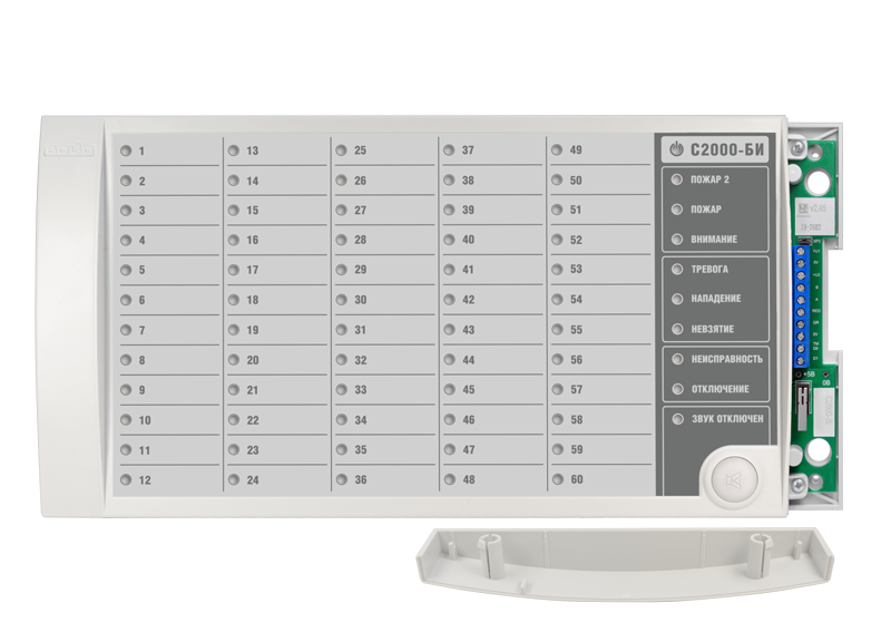 Блок индикации для отображения 60 разделов на двухцветных светодиодных индикаторах и 8 системных индикаторах. Два интерфейса RS-485, питание от 10 до 28 В