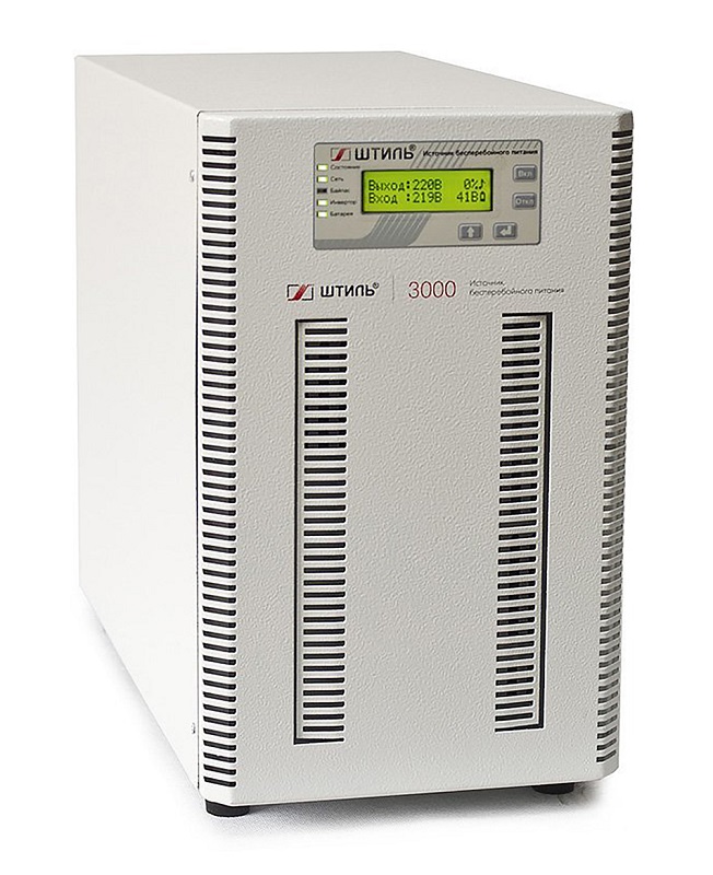 Источник бесперебойного питания напольный, on-line (с двойным преобразованием), чистая синусоида, 3000 ВA (2700 Вт); U-вх.220 В; под внешние аккумуляторы, U-акб.96 В, I-заряд.4 А; ЖК-дисплей; IEC-320-C13 (3 шт.), входной разъём - клеммное подключение (L, N, PE); выходные разъёмы - IEC-320-C13 (3 шт.), EURO F-type с заземлением (2 шт.), клеммы; холодный старт, совместим с генератором; IP20, t-раб.+5...+40°C, 346х210х443 мм
