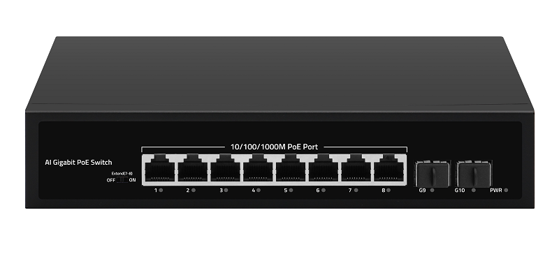 Коммутатор, неуправляемый, 8 PoE (802.3af/at) порта 1000Мбит/с, 7-8 порт до 250м cat6, 2 SFP порта 1000Мбит/с, PoE Watchdog, 120Вт
