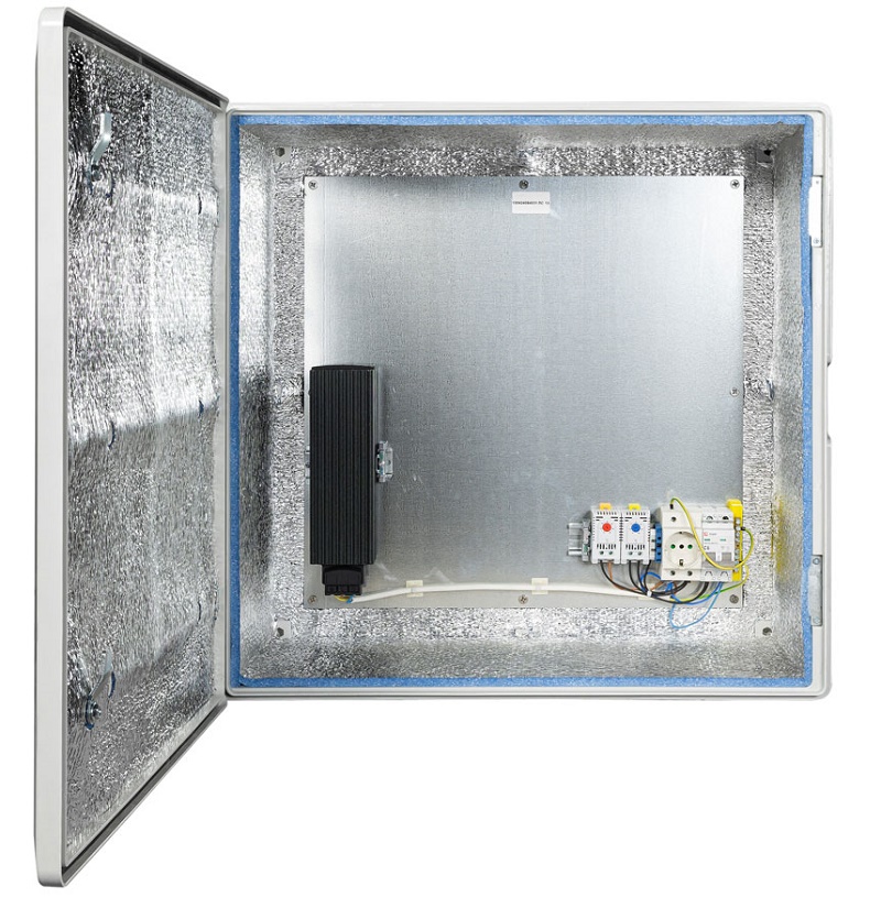 Композитный  климатический с предстартом монтажный шкаф 645х625х260/ 580х580х210, -55°С +50°С, SMC композит, IP66, IK10, Комплектация: утеплитель из Порилекса, замок 2 шт,ключ 1 шт, монтажная плата 1шт, гермовводы 2шт, розетка 1 шт, автоматический выключатель 1шт, термореле 1шт,нагреватель мощностью в 150 Вт 1шт. Вес: 16.5кг.