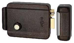 Эл-мех. накладной замок, коричневый, НЗ, универсальный DIN, цилинр снаружи, кнопка изнутри, питание 12VDC/1А, -40°+50°С, окрашенная сталь.