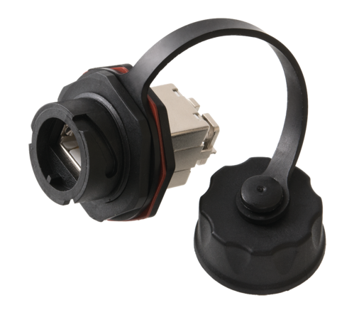 Индустриальный модуль-вставка Кат.6a (Класс Ea), 500МГц, RJ45/8P8C, 110/KRONE, T568A/B, экранированный, IP67, с защитной крышкой, черный 