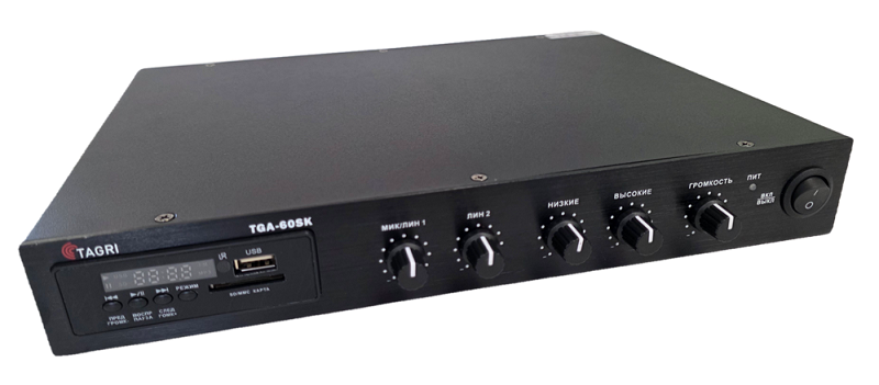 Микшер усилитель 220 В AC/24 В DC, 60 Вт, 1 линия трансляции 4-16/ Ом/70в/100в, 2 линейный входа, подключение 1 микрофона, 1 линейный выход, воспроизведение с SD/USB/FM, защита от КЗ.