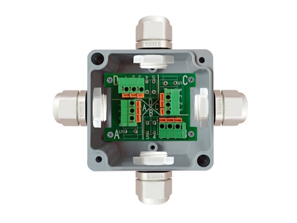 Разветвитель (сплиттер) интерфейсов CAN /DMX512 /M-Bus /Modbus RTU. Пассивный разветвитель на 4 порта, корпус 82x80x55 мм, IP66, нажимные клеммы, 4 кабельных ввода ПКВ20х1,5 (под кабель д. 6 - 12 мм).
