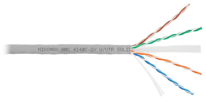 Кабель U/UTP 4 пары, Кат.6 (Класс E), тест по ISO/IEC, 250МГц, одножильный, BC (чистая медь), 23AWG (0,55мм), полимерный материал нг(А)-HF, внутренний, серый, 305м