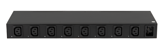 Блок  контролируемых электрических розеток TLK, SW - Switched, (включение и отключение каждой розетки, измерение общего потребления и отправка показаний через LAN), 19", 8 розеток C13, макс. нагрузка 16 А, шнур питания 3 м., вилка С20, цифровое измерение силы тока на входе, металлический корпус, Счетчик кВт*ч, макс. мощность 4000 Вт, 432*44,45*125 мм, цвет черный.